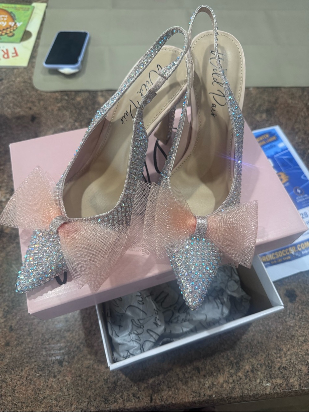 Wild Pair Crystal Embellished Pink Bow Slingback Heels